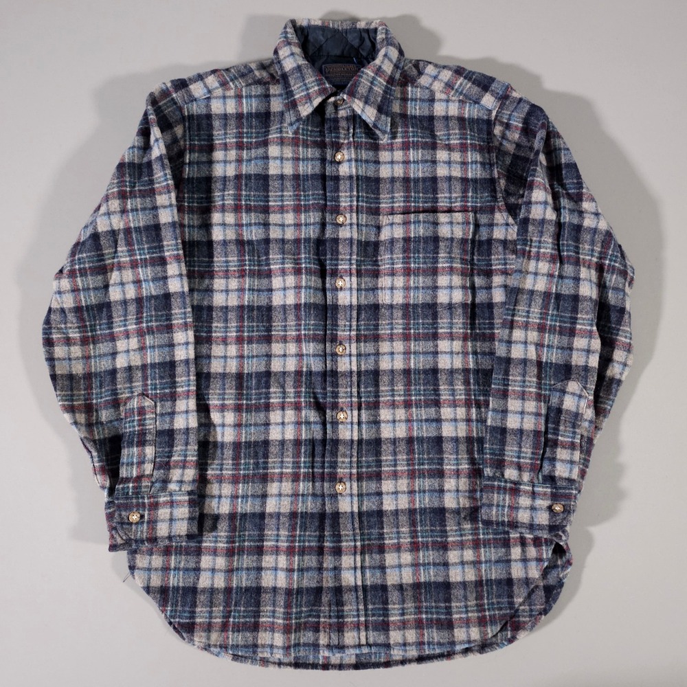 Pendleton Plaid Button Down Shirt Mens M Blue Grey Wool Long Sleeve USA Made